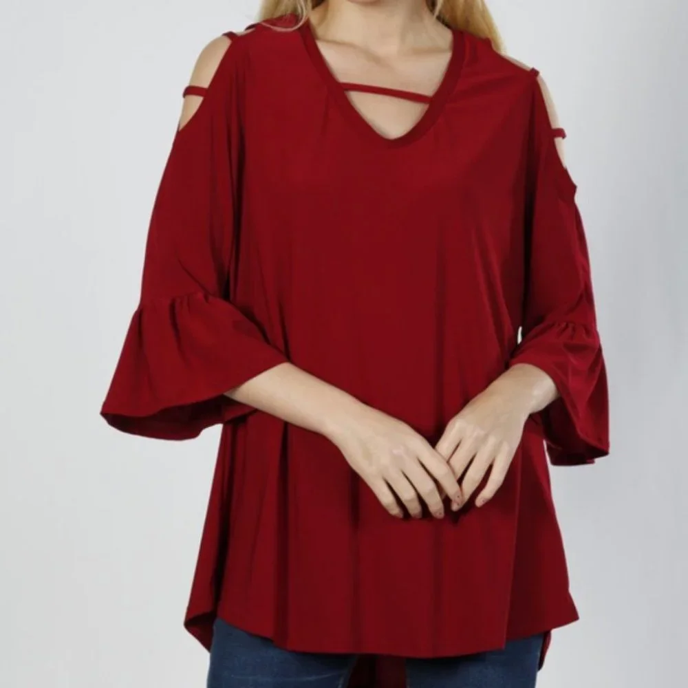 CLASSY BURGUNDY BELL-SLEEVE TOP - Picture 1 of 2